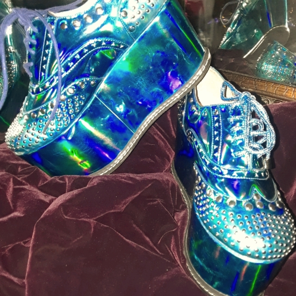 Blue holographic platform shoes